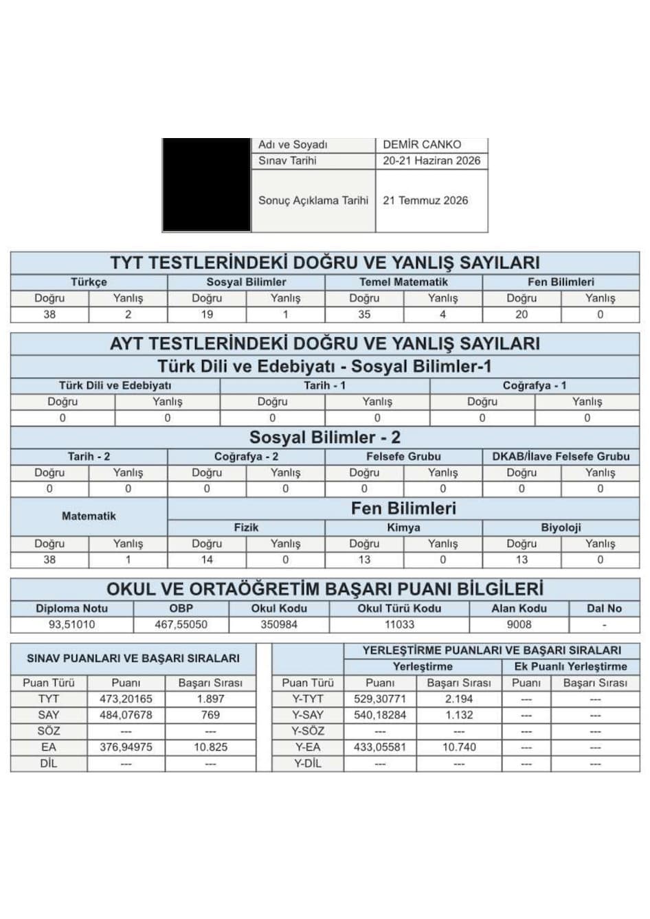 ÖSYM Sonuç Belgesi